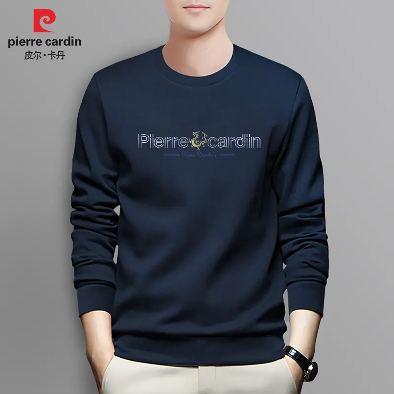 皮尔卡丹品牌男装男士卫衣秋冬宽松加绒加厚大码高端蓝色圆领上衣