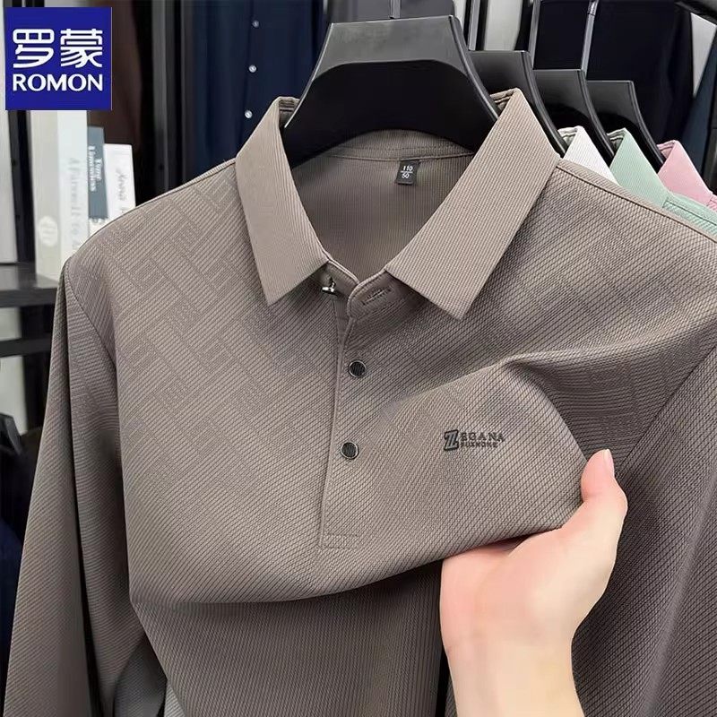 罗蒙春秋季薄款长袖t恤男翻领中年爸爸装宽松商务休闲polo打底衫
