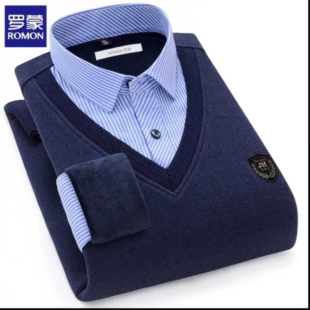 罗蒙高档条纹衬衫领毛衣男假两件针织衫秋冬季保暖加绒加厚打底衫