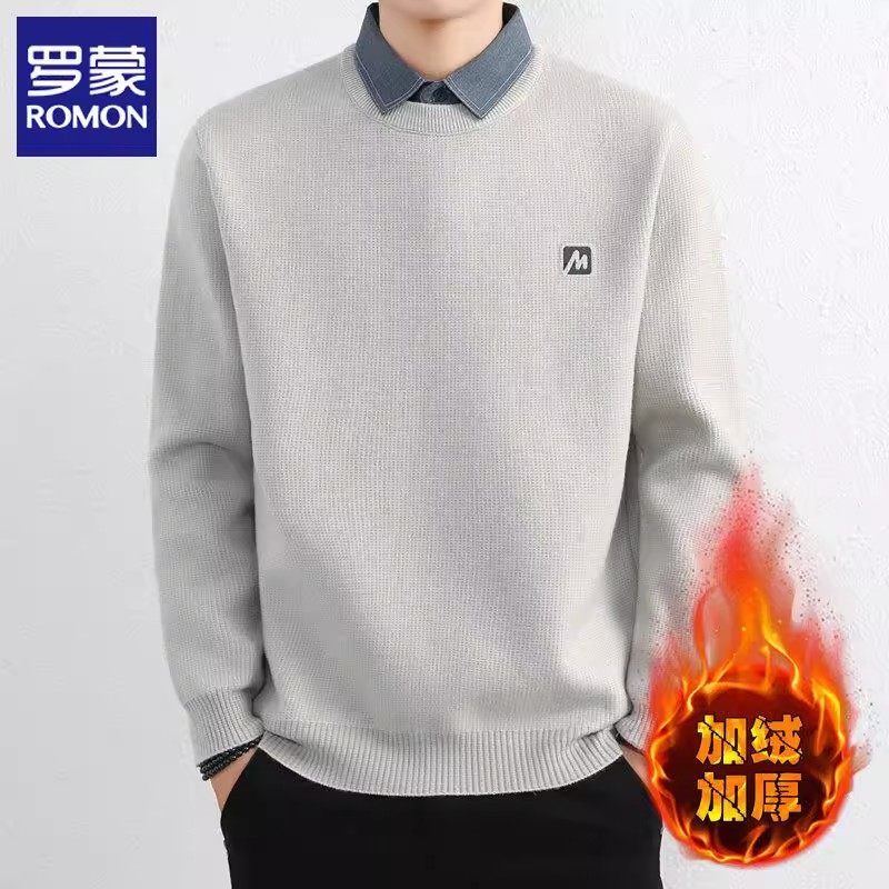 罗蒙假两件毛衣男秋冬季衬衫领加绒加厚内搭保暖设计感打底针织衫