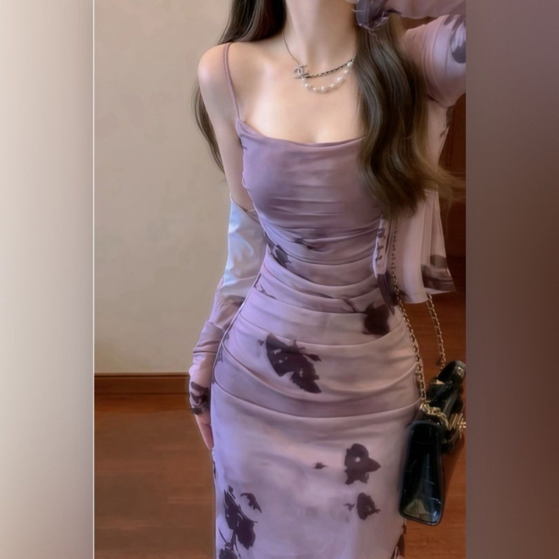 新中式秋款法式复古紫色水墨吊带裙两件套感气质修身连衣裙子