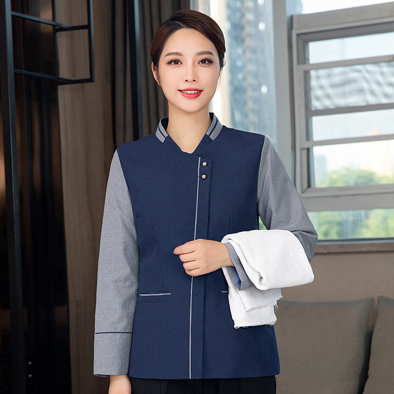 酒店宾馆物业工作制服批发男女春秋冬套装印字logo长袖V领保洁服