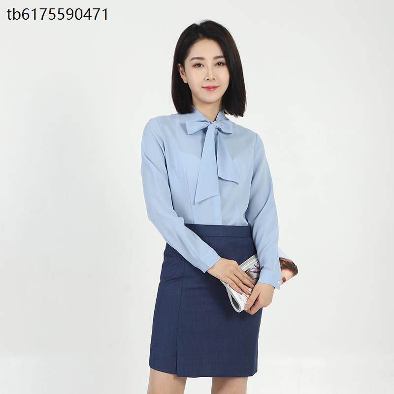 领创宝马4S店新款修身女士蓝色雪纺长袖衬衫工装职业女衬衣工作服