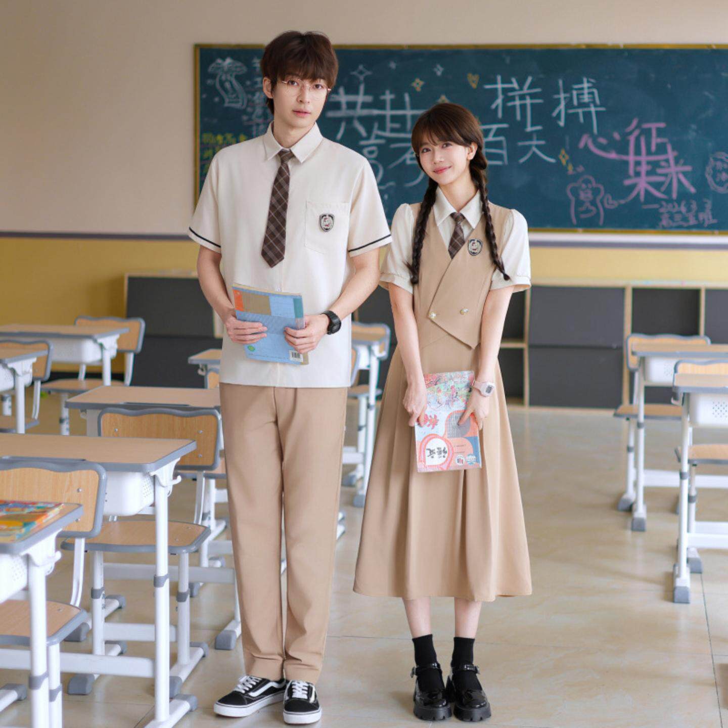 情侣装夏季学生班服套装假两件