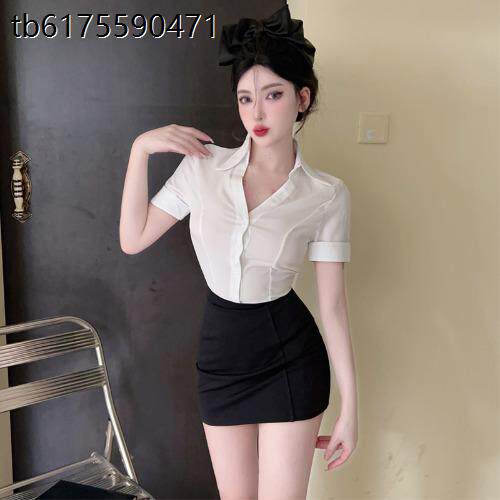 夏季白色衬衫女职业秘书制服纯欲酒店前台工作服气质V领短袖上衣