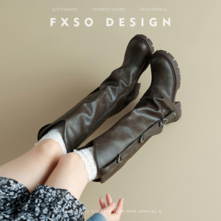 真皮FXSO方巷长靴女2025秋冬款褶皱裤管靴堆堆靴时装长筒厚底靴子