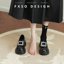 FXSO方巷真皮厚底乐福鞋女2025秋冬季新款水钻方扣粗跟小皮鞋子
