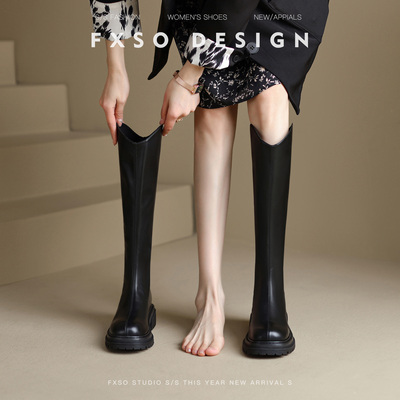 FXSO方巷2025秋季新款显瘦百搭V口长筒靴鞋女士时装靴粗跟长靴子