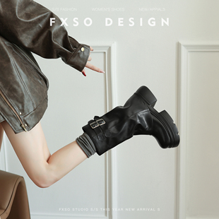 真皮FXSO方巷马丁靴女2025秋新款复古圆头一字扣百搭粗跟裤靴短靴