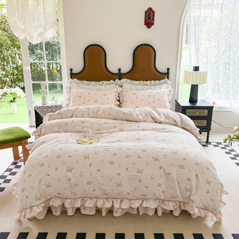 远梦纯棉床裙式四件套床上用品100%全棉带床套被套床单被罩床罩