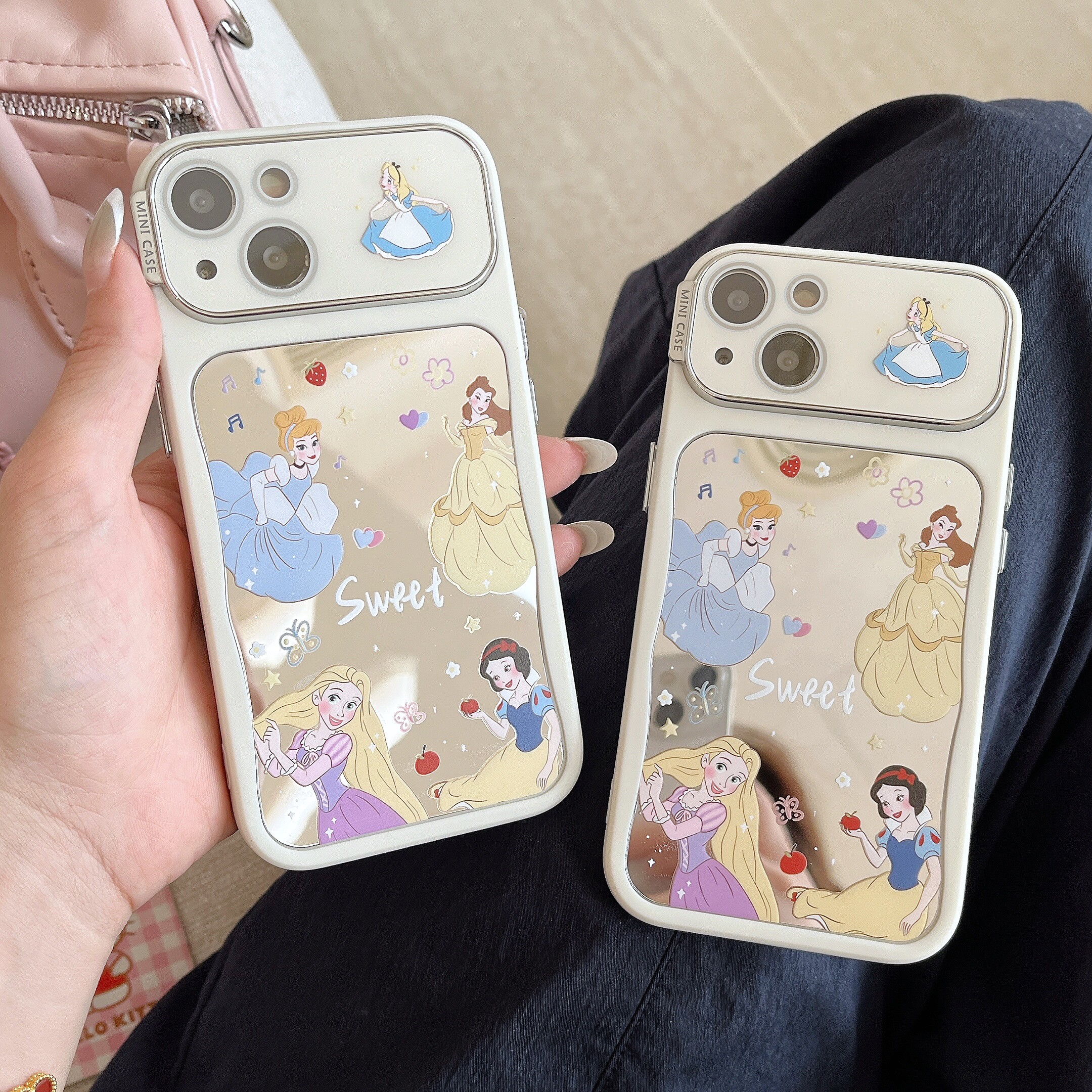卡通五个公主适用苹果14pro手机壳iphone15可爱化妆镜16promax自带镜头膜13pro趣味电镀防摔壳套大视窗
