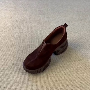 复古风圆头厚底增高乐福鞋女2025年秋冬新款一脚蹬小皮鞋通勤单鞋