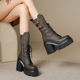 12cm粗跟厚底中筒靴女2025年秋冬新款 小个子超高跟圆头系带马丁靴