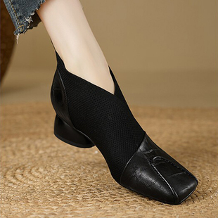 法式深口单鞋女2025年秋冬新款方头中跟粗跟软皮毛线口弹力及踝靴
