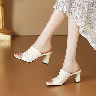 高跟鱼嘴拖鞋 软皮法式 粗跟懒人一字拖时尚 新款 方头凉拖女2026夏季