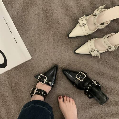 尖头包头半拖鞋粗跟单鞋