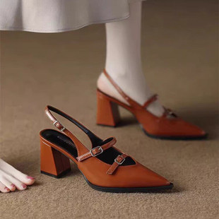 绝美气质包头凉拖鞋 英软皮法式 新款 女2026年夏季 尖头粗跟高跟凉鞋