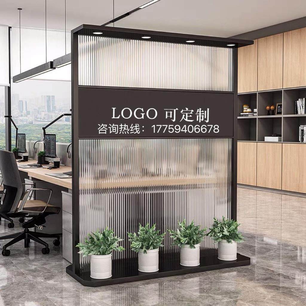 定制简约现代玻璃屏风隔断办公室形象墙公司入户玄关前台logo背景