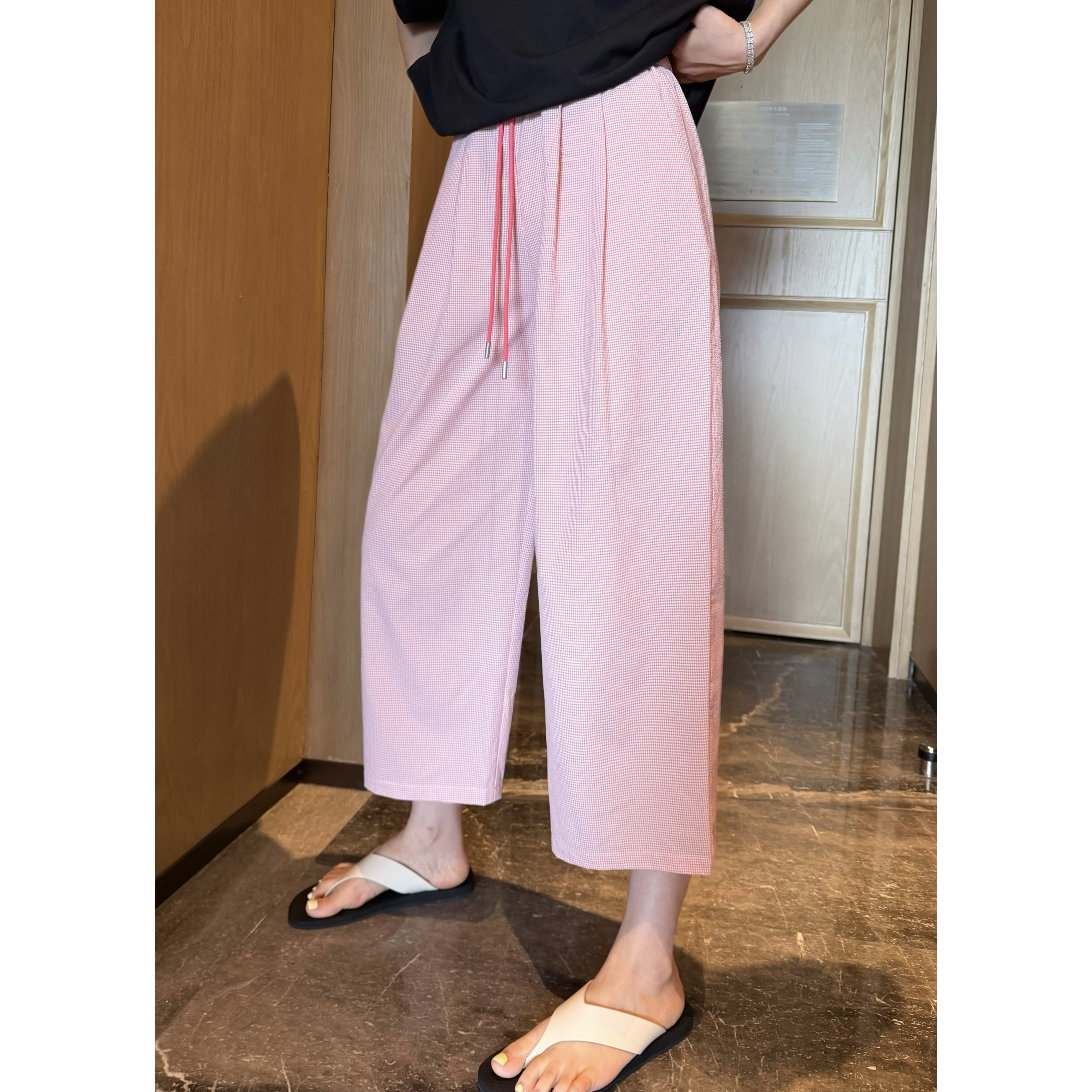 裤子休闲阔腿运动女夏薄款格子长裤宽松bf慵懒风2026年新款遛弯裤