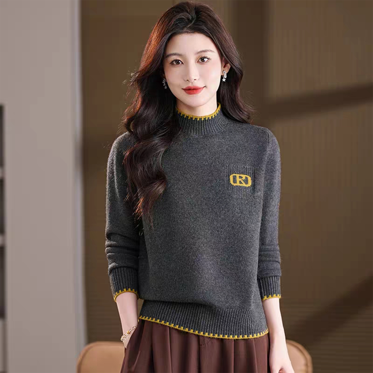 金泽女装2026秋冬季女士半高领针织毛衣宽松显瘦字母刺绣打底衫潮