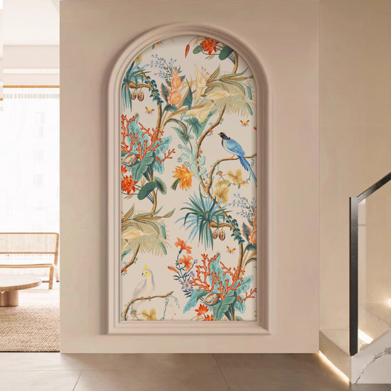 喜上眉梢新中式花鸟画客厅玄关墙布装饰画拱形走廊过道背景墙壁纸