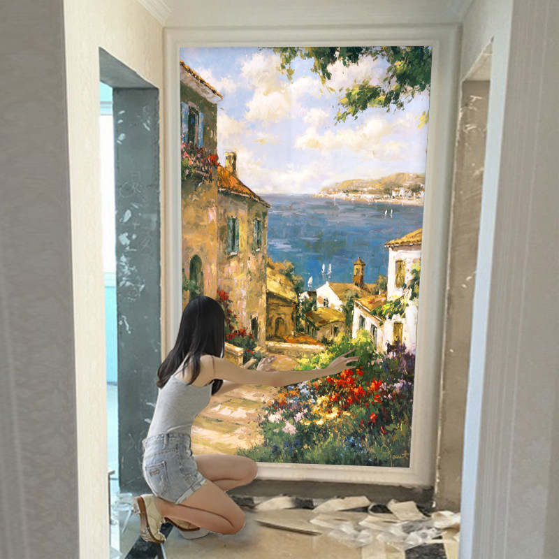 欧式乡间小路玄关壁纸3d壁画走廊过道墙布风景油画竖版背景墙纸