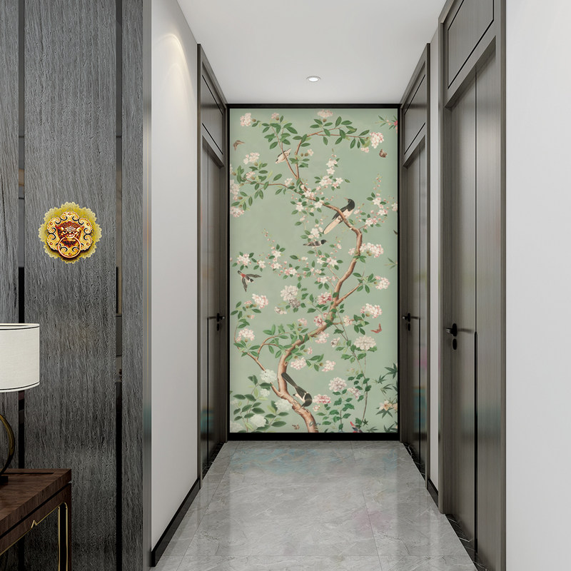 海棠花中古风玄关背景墙纸喜上枝头餐厅绿色防潮墙布拱门花鸟壁画