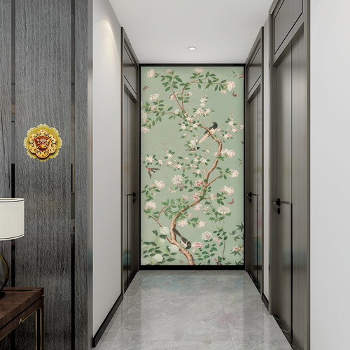 海棠花中古风玄关背景墙纸喜上枝头餐厅绿色防潮墙布拱门花鸟壁画
