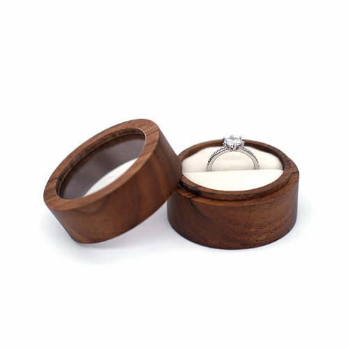 Round Black Walnut Ring Box Open Window Wedding