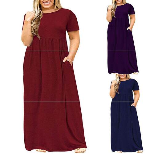 Short sleeve round neck dress long skirt plus size women