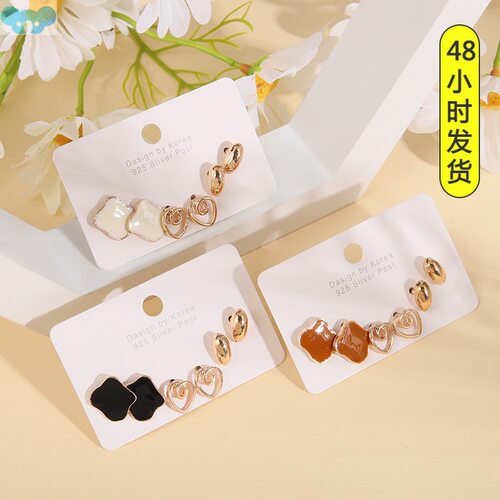 3 pairs of heart square earrings combination set popular跨境
