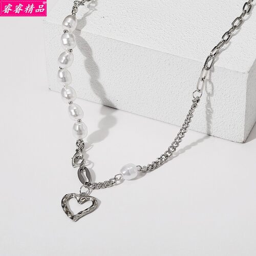 Personality stitching chain pearl Heart pendant necklace项链