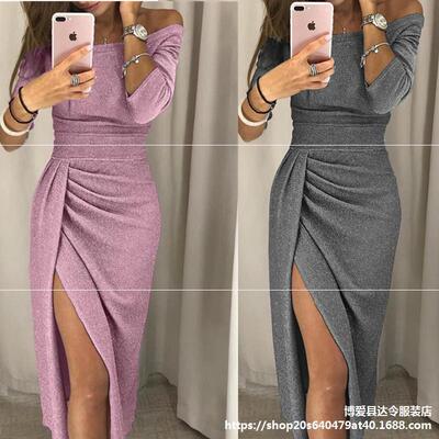 Female Split Evening Gown Women Boat Neck Sexy Dinner Dress