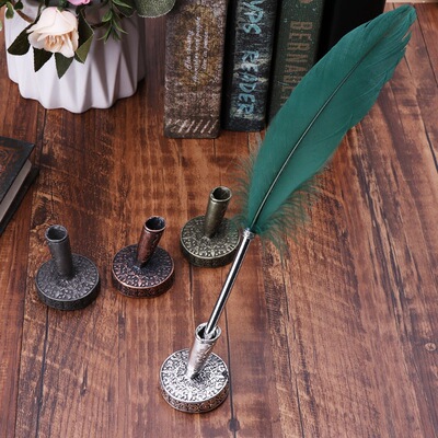 Vintage Metal Round Insertion Pen Holder for Feather Quill跨