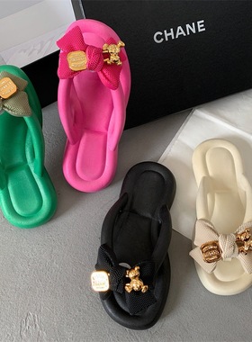 Women Fashion Bowknot Summer Slippers Clip Toe Flip Flops跨
