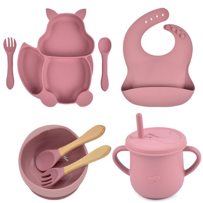 8PCS/Set Baby Silicone Sucker Bowl Plate Cup Bibs Spoon Fork