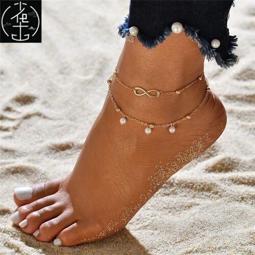 Hot 2PC Retro Pearl Heart Infinity Ankle Anklet Bracelet Set