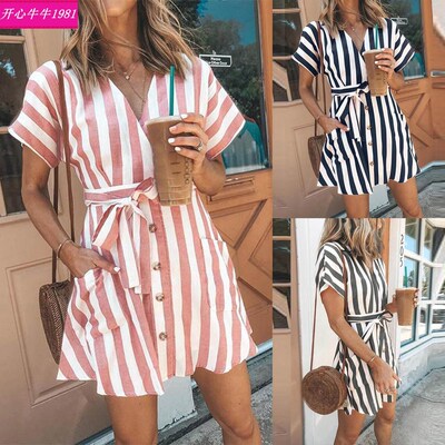 Summer Stripe Maxi Short Dress Women Office Shirt Dresses 女