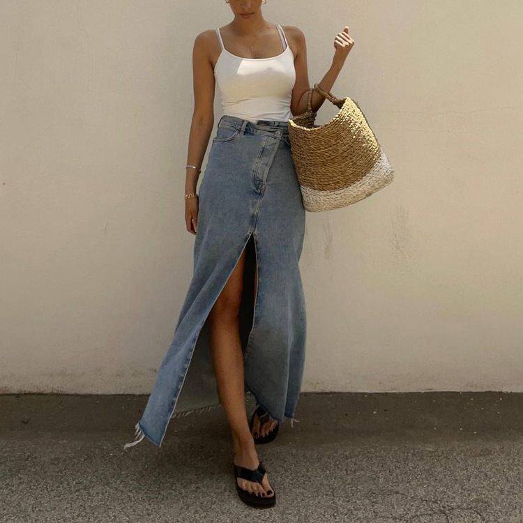 欧美风高腰开叉牛仔裙包臀半身裙 Denim high waist split skirt