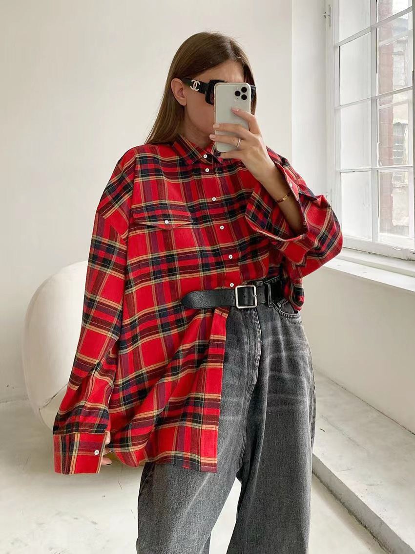 欧美风百搭格子衬衫时尚潮流复古格纹宽松上衣 Loose plaid shirt