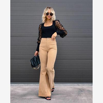 Slightly pulled casual pants秋冬女修身微喇灯芯绒松紧腰休闲裤