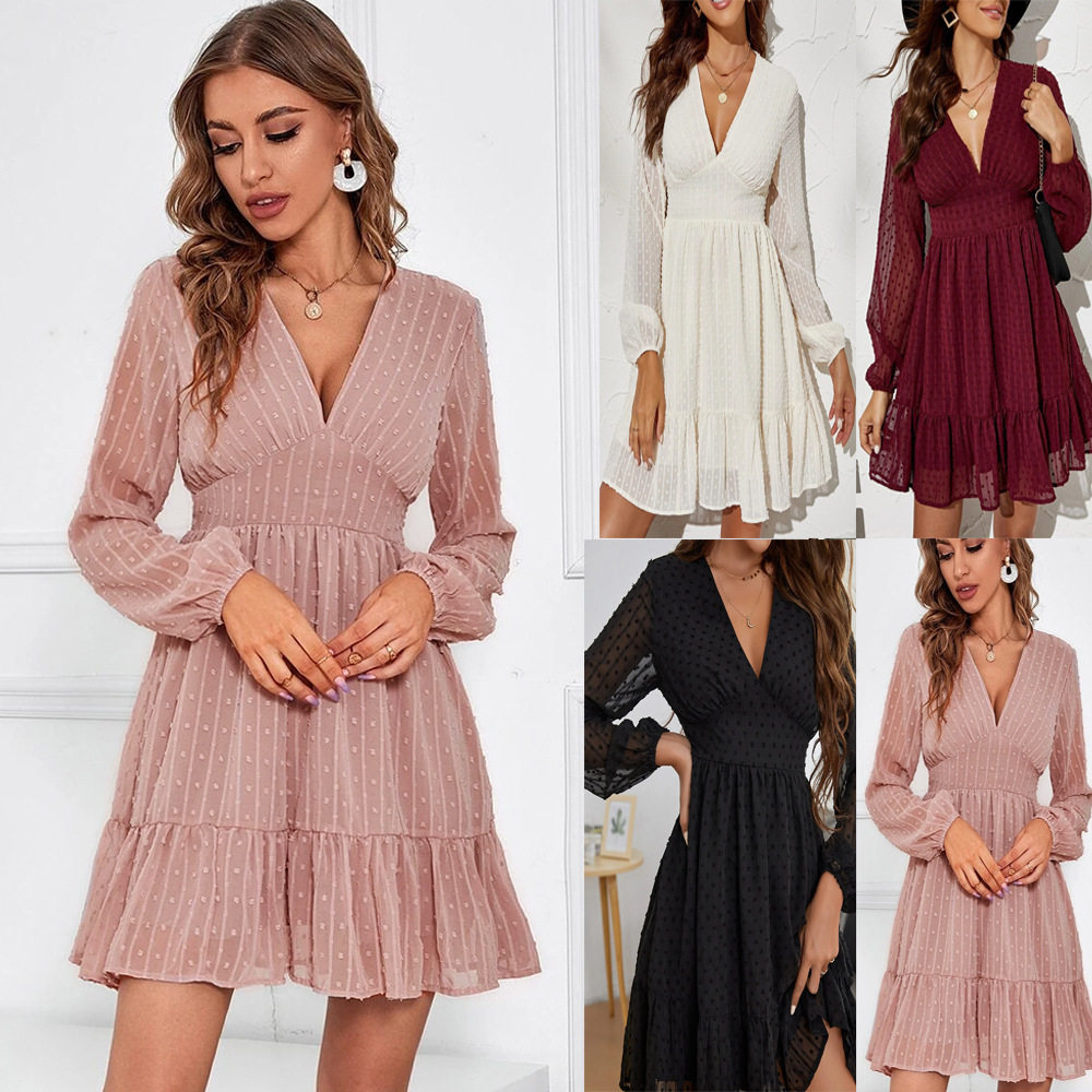 2022 women ins long sleeve v-neck high waist commuter dress