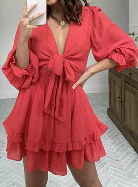 V-neck Ruffle DressV领长袖泡泡袖纯色系带荷叶边连衣裙
