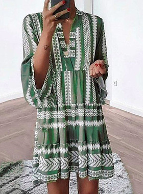 2023new summer mid-sleeve dress印花宽松时尚V领雪纺褶皱连衣裙