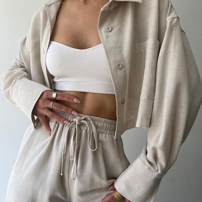 2024 Solid Color Long Sleeve Short Casual Shirt Drawstring