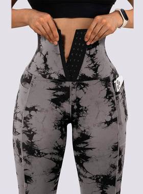 Women printed casual pants欧美灰色扎染印花束腰紧身运动打底裤