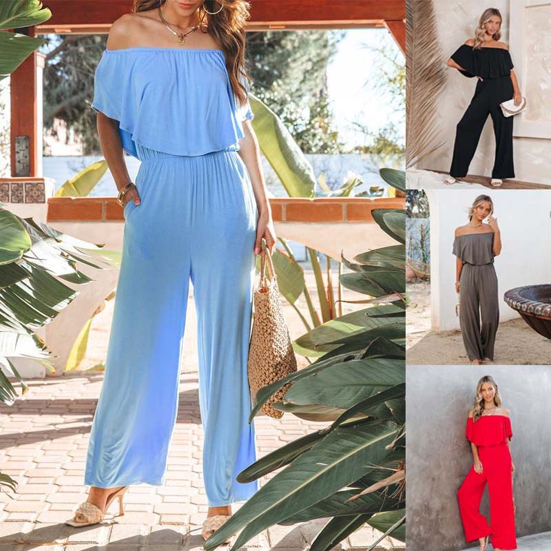 Off shoulder jumpsuit春夏女装一字肩时尚露肩连体裤休闲阔腿裤