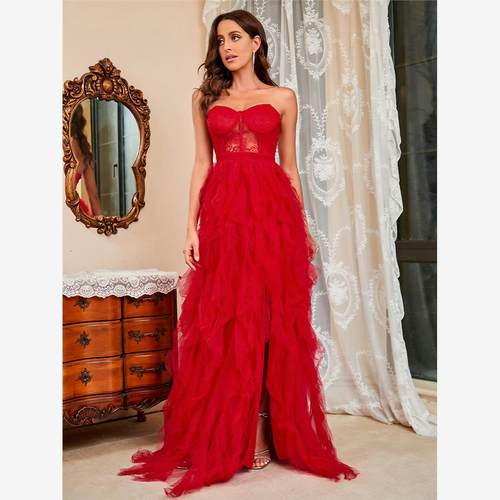 Sexy split evening gown新品女欧美大码蕾丝网纱抹胸性感晚礼服