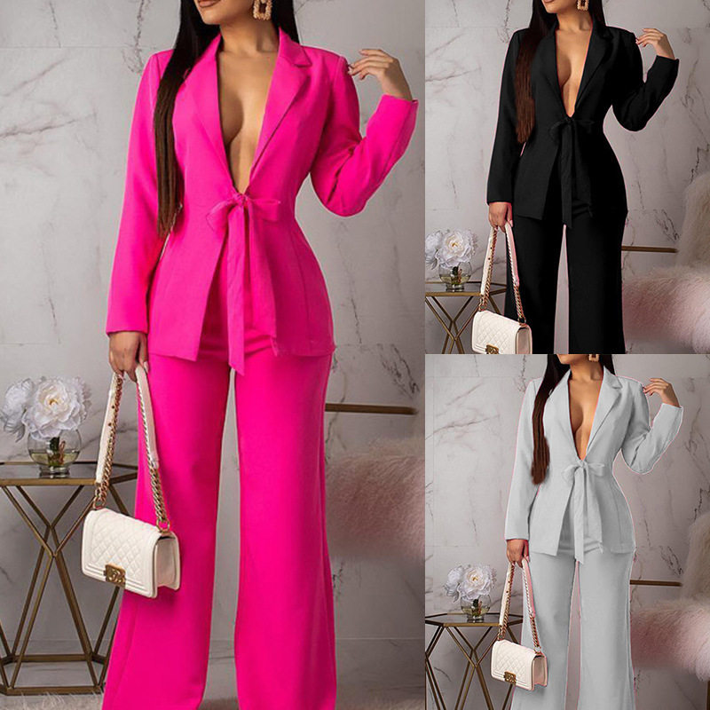 fashion two piece set新品欧美收腰系带职业西装阔腿裤时尚套装
