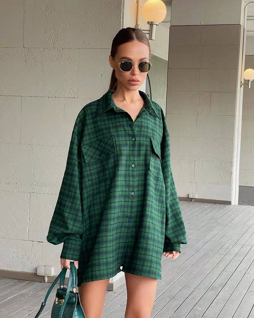 欧美新款复古衬衣格纹中长款宽松衬衫 Loose vintage plaid shirt